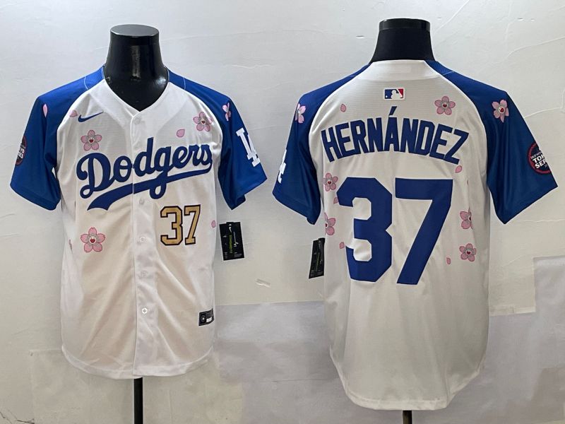 Men Los Angeles Dodgers #37 Hernandez White Blue Sakura Edition 2025 Nike MLB Jersey style 2